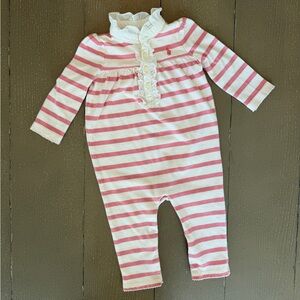 Ralph Lauren Baby Girls’ Long-Sleeve Pink Stripe Ruffle Footless Romper Onesie